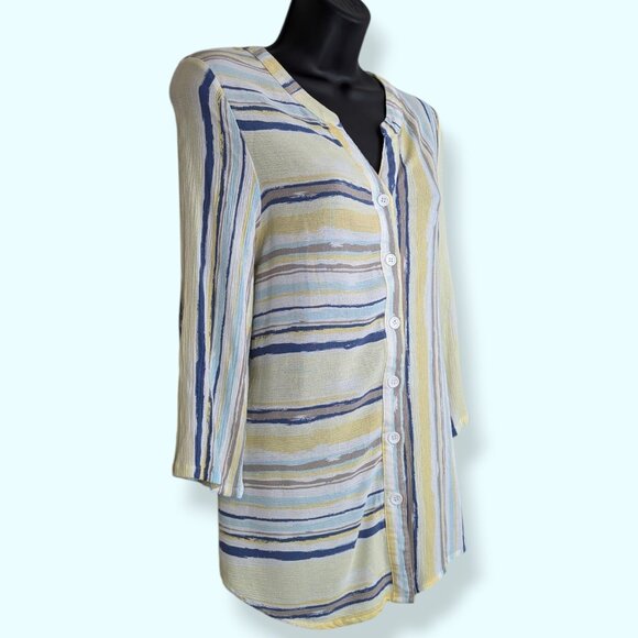 Variations Blue & Yellow Striped 3/4 Sleeve Shirt - Picture 2 of 8